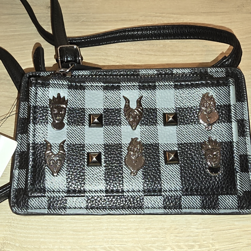 Black Plaid Crossbody Wallet with Stud Accents - Picture 2 of 8